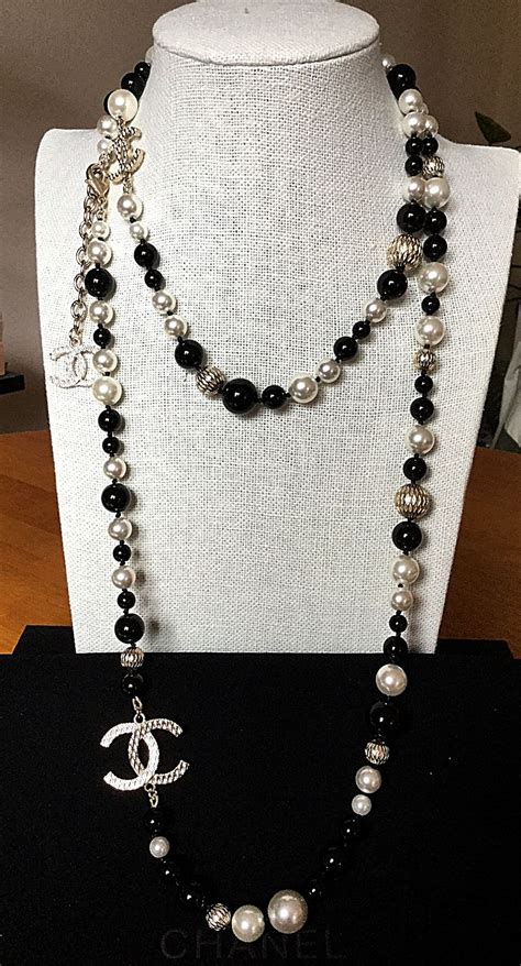 chanel white and black bead necklace|Chanel necklace online store.